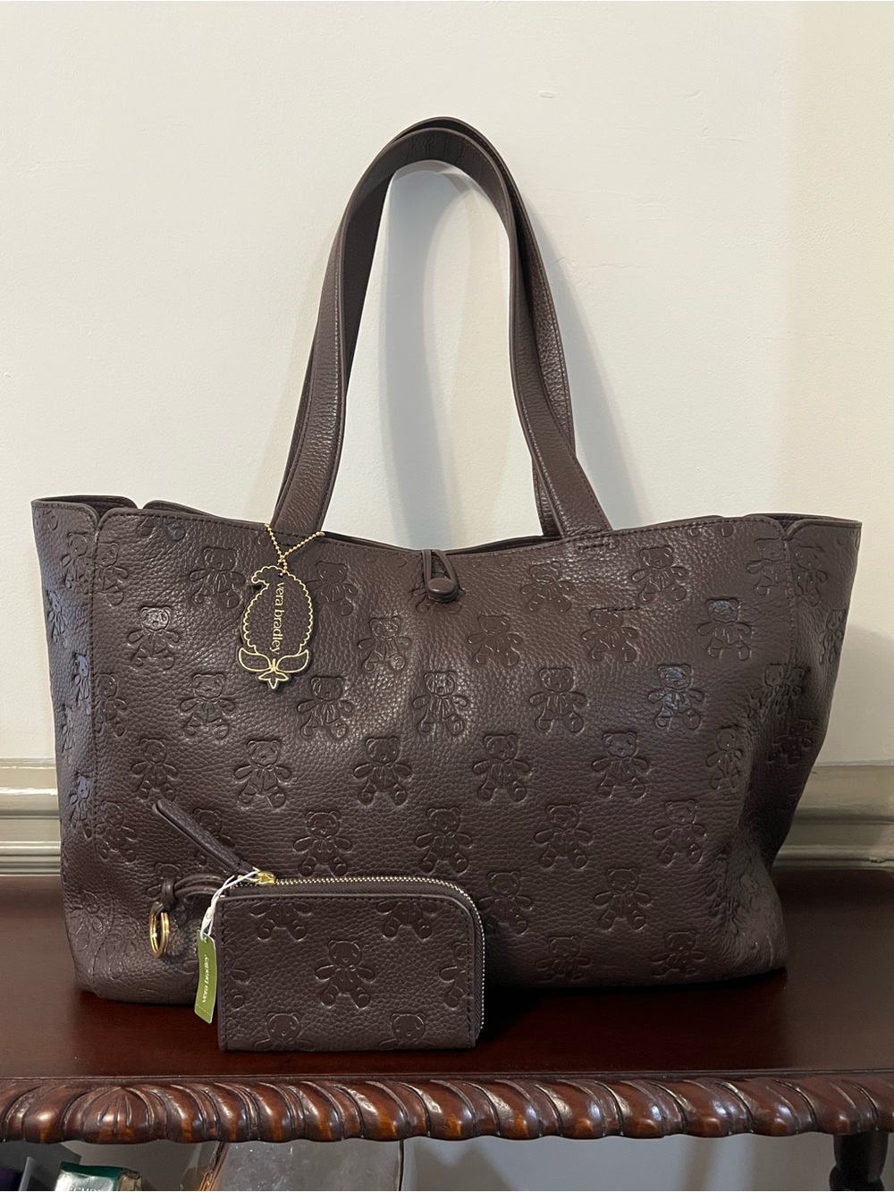 NWT Vera Bradley BEAR MOSAIC Hathaway Leather Tote bag Zip Wallet Coffee Bean